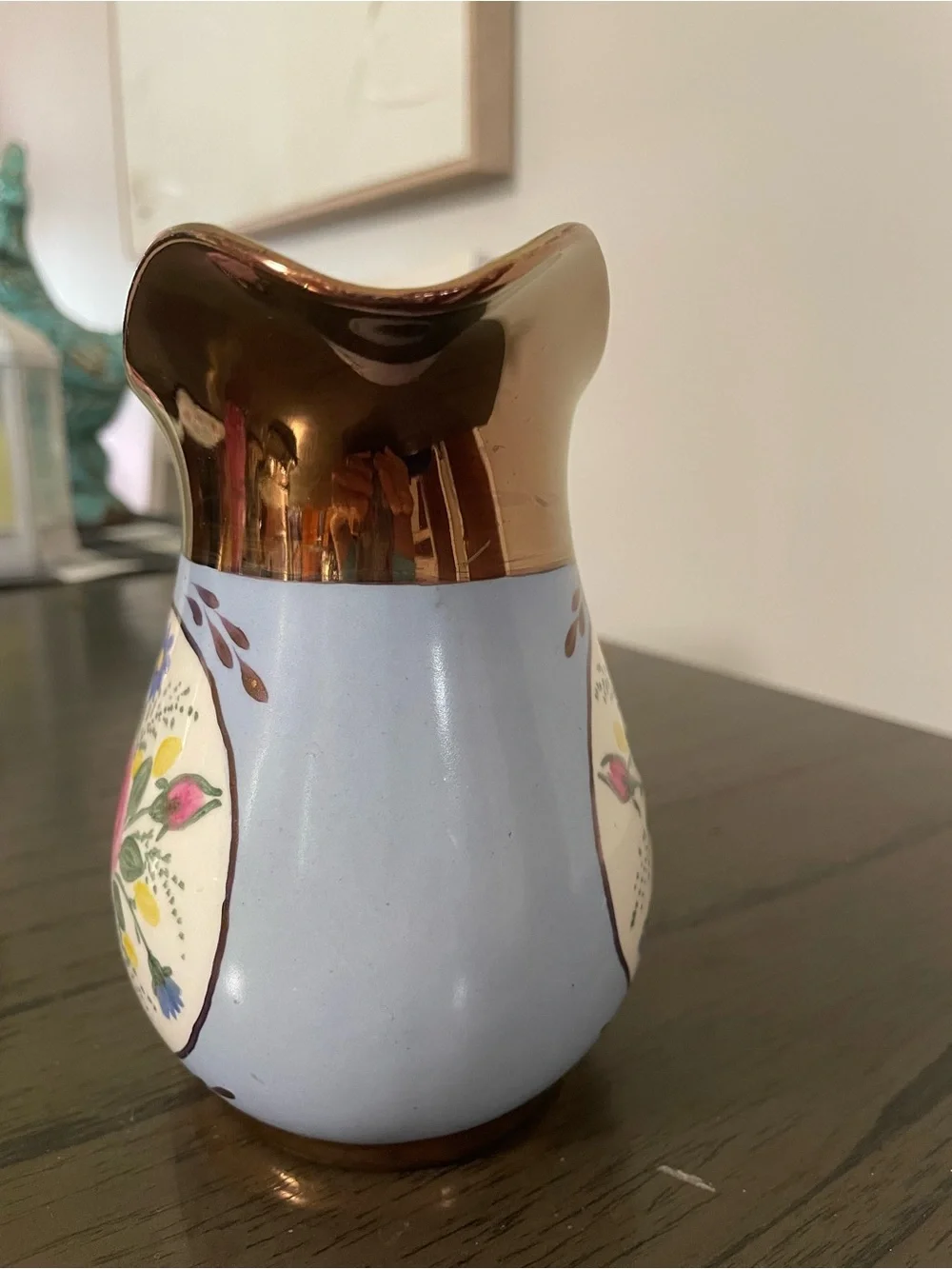 Vintage Blue Ceramic Pitcher with Copper Handle